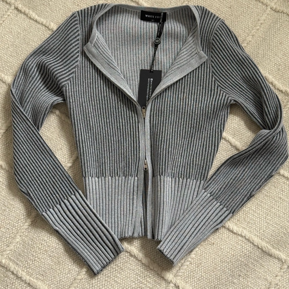 White Fox Boutique Gray Ribbed Zip-Up Cardigan